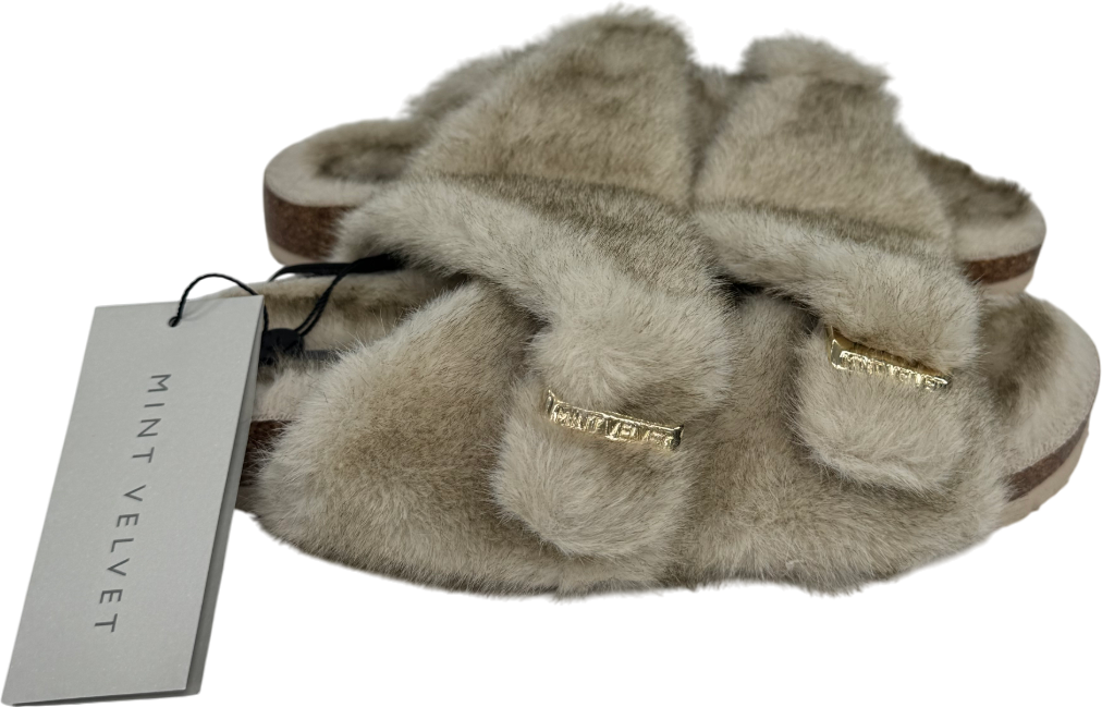 Mint Velvet Nude Two Strap Faux Fur Slippers UK 8 EU 41 👠