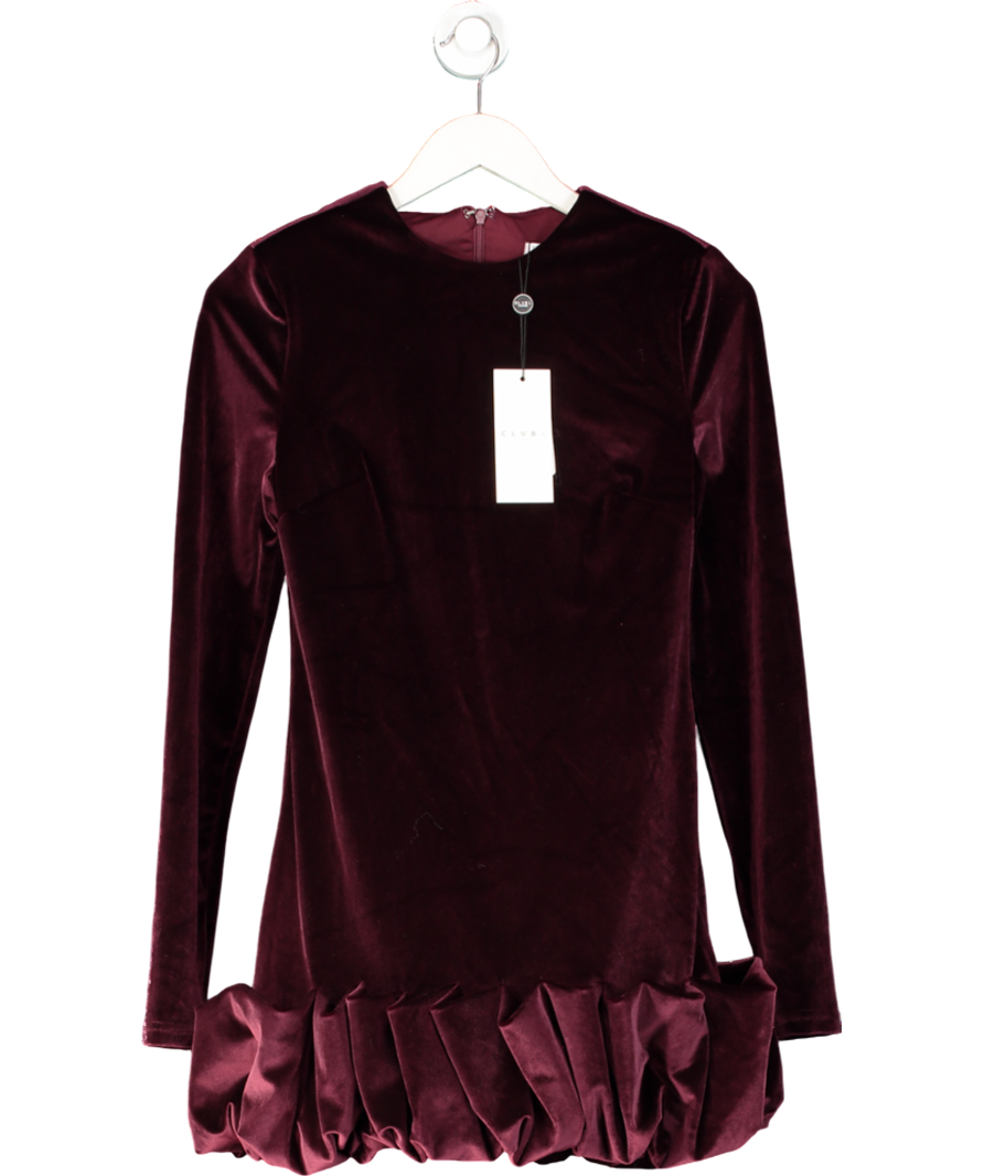 Club L Red Claudine Port Velvet Long-sleeved Ruffled Mini Dress UK 8