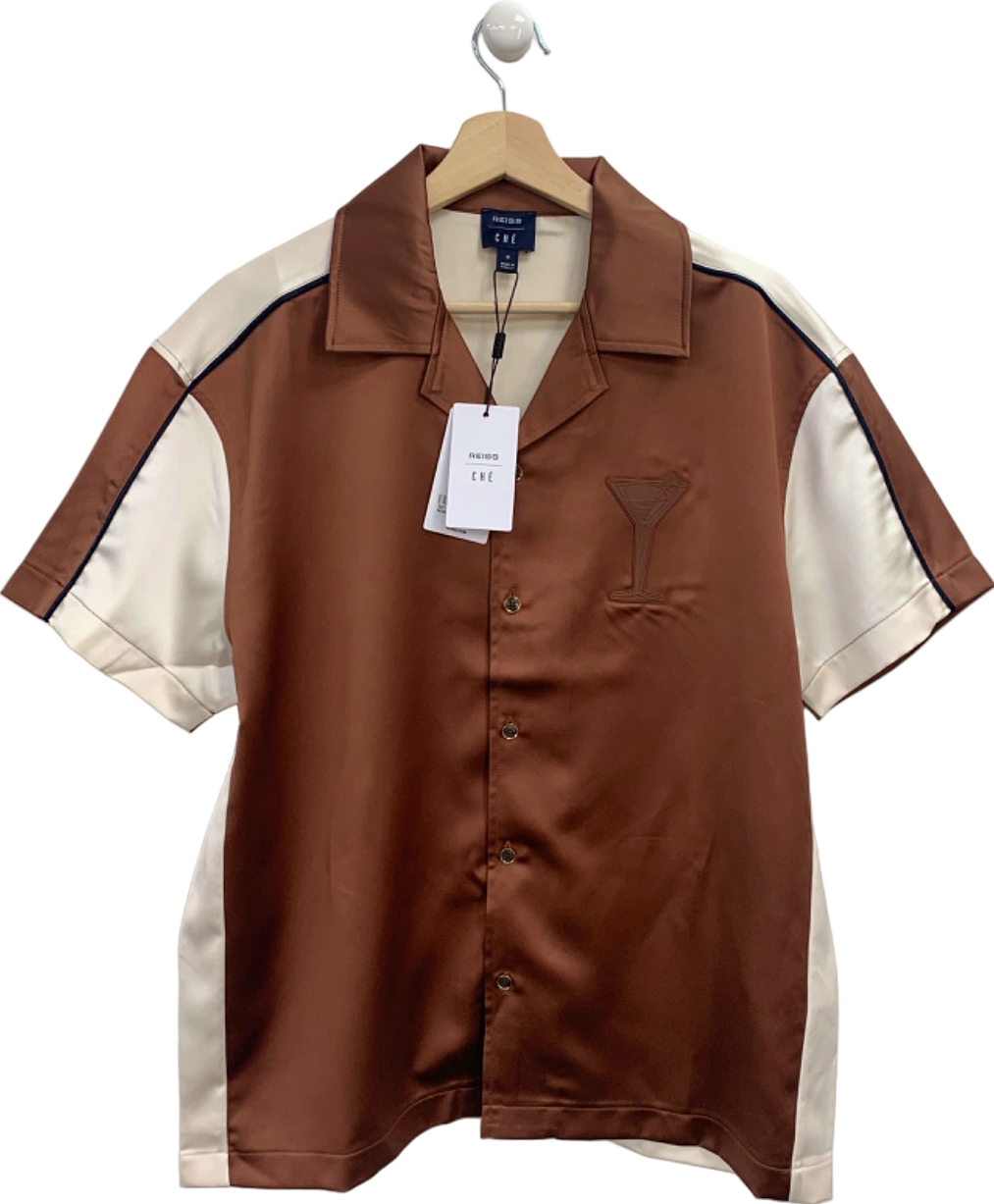 Reiss Brown/Cream Noto SS Satin Colourblock Shirt M