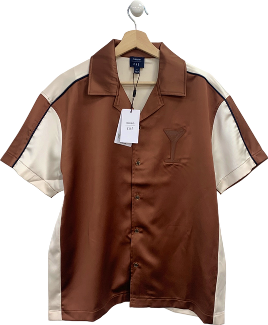 Reiss Brown/Cream Noto SS Satin Colourblock Shirt M