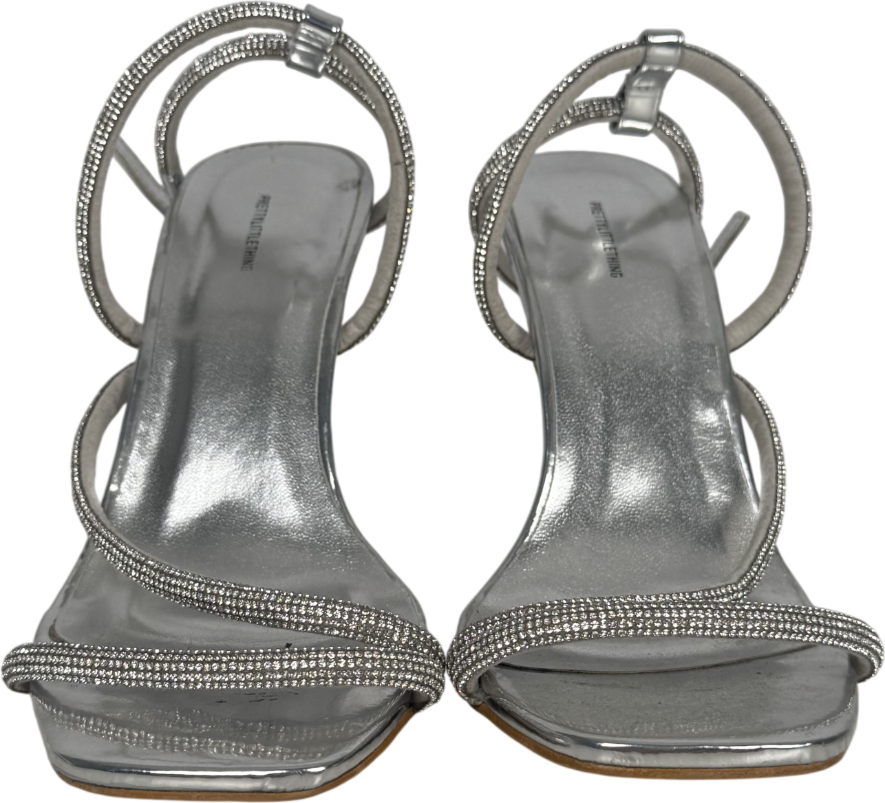 PrettyLittleThing Metallic Silver Pu Square Toe Diamante Asymmetric Strap Heeled Sandals UK 3 EU 36 👠