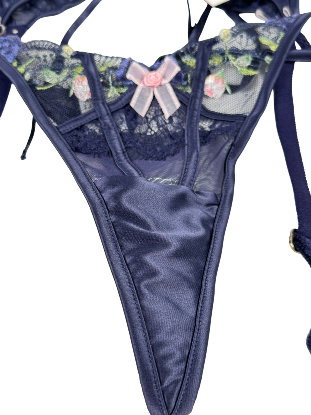 Lounge Underwear 3-piece Navy Blue Lace Floral Intimates Bra 34d/knicker/suspender Set UK XS
