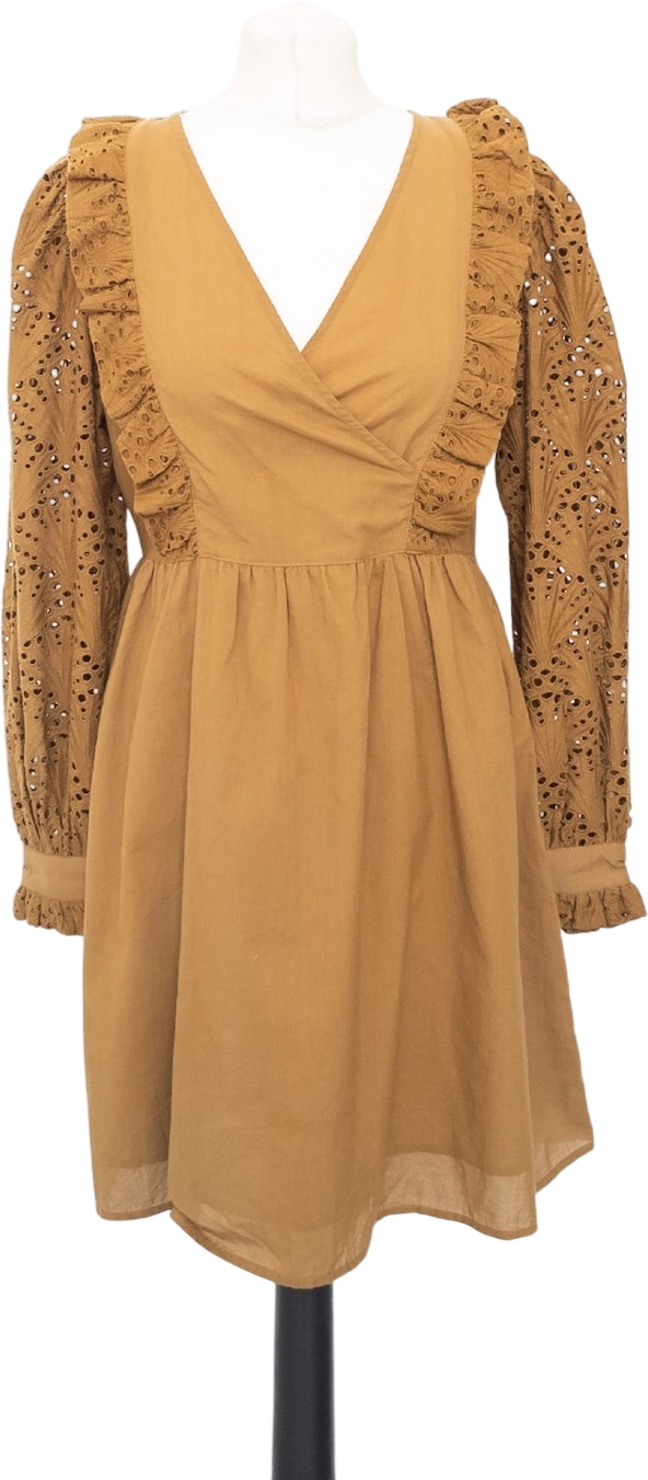 ATELIER REVE Brown 100% Cotton Long Sleeve Broderie Trim Dress Fr36 UK 8
