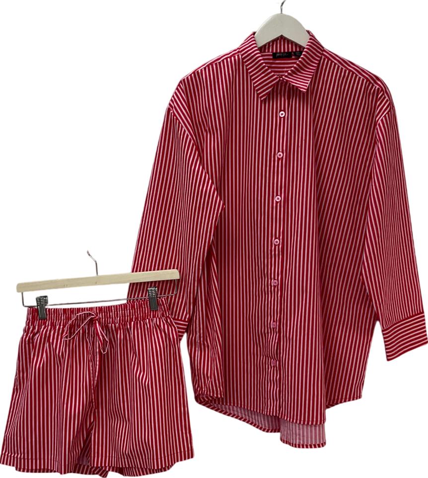 Nasty Gal Red Cotton Stripe Multiwear Pajama Shirt And Shorts Set UK 6