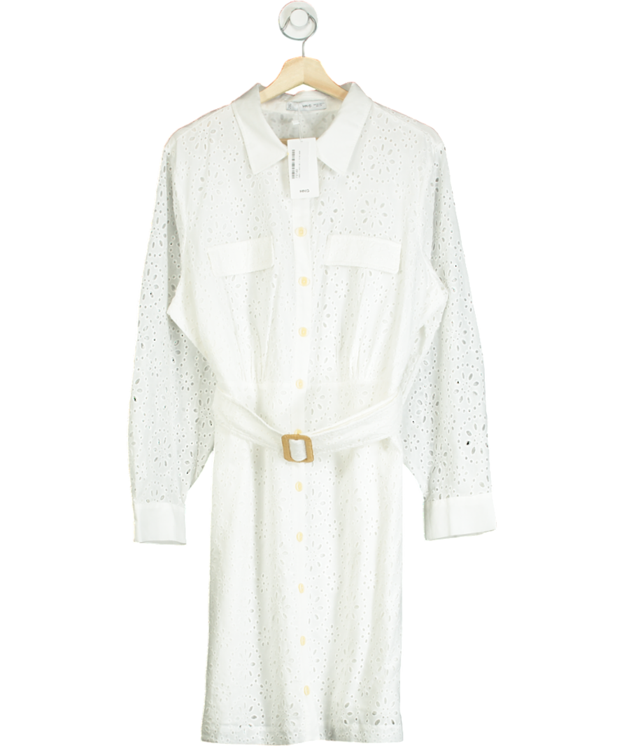 MANGO White Shirly Broiderie Anglaise Mini Shirt Dress UK 20