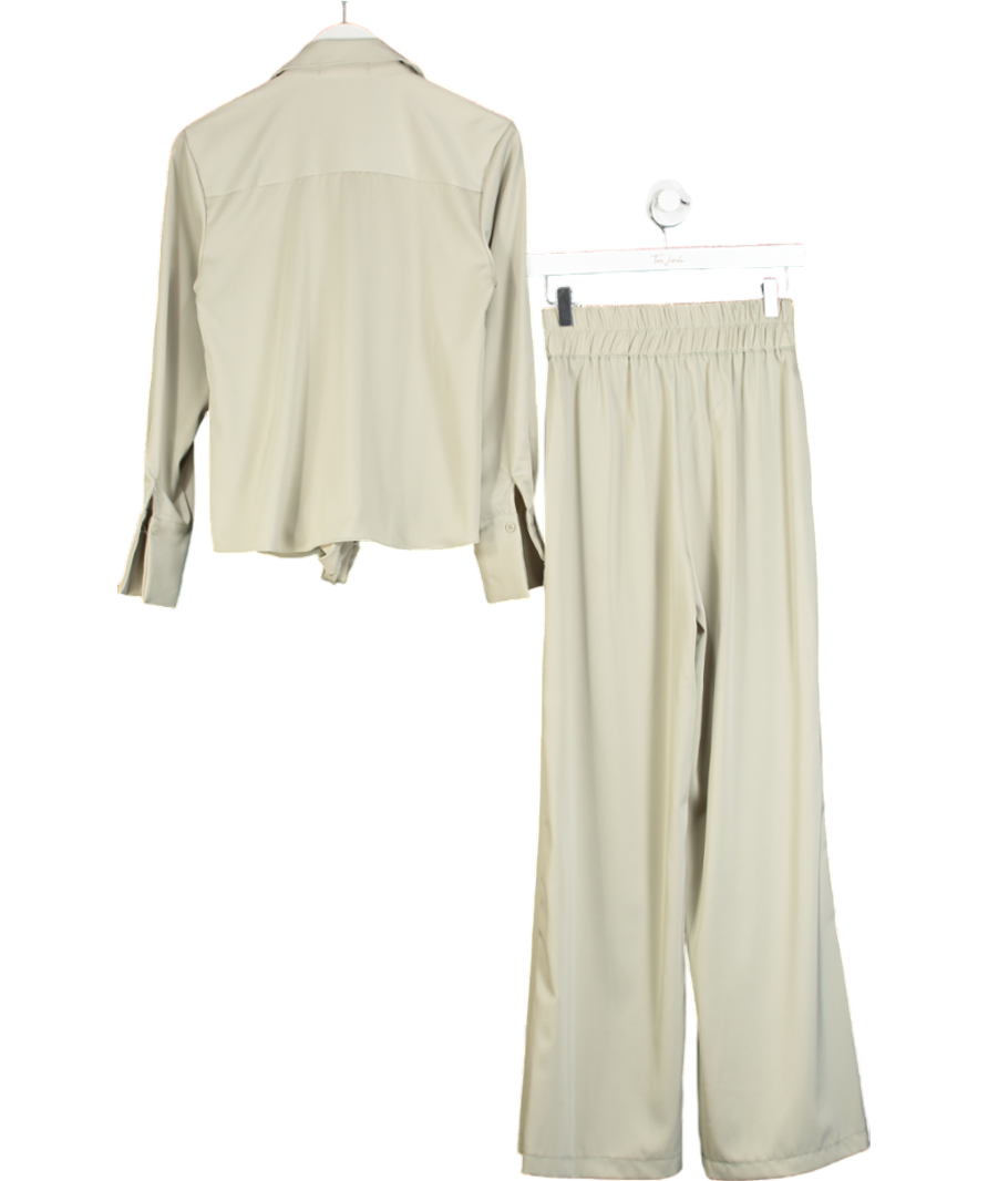 Nuevo Edit Green Satin Wide Leg Trousers And Tie Front Shirt UK S