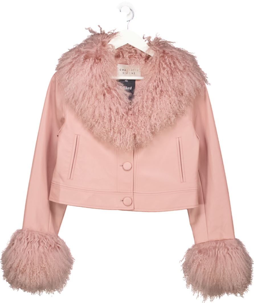 Charlotte Simone Pink Cropped Penny Mongolian Trim Jacket UK XS