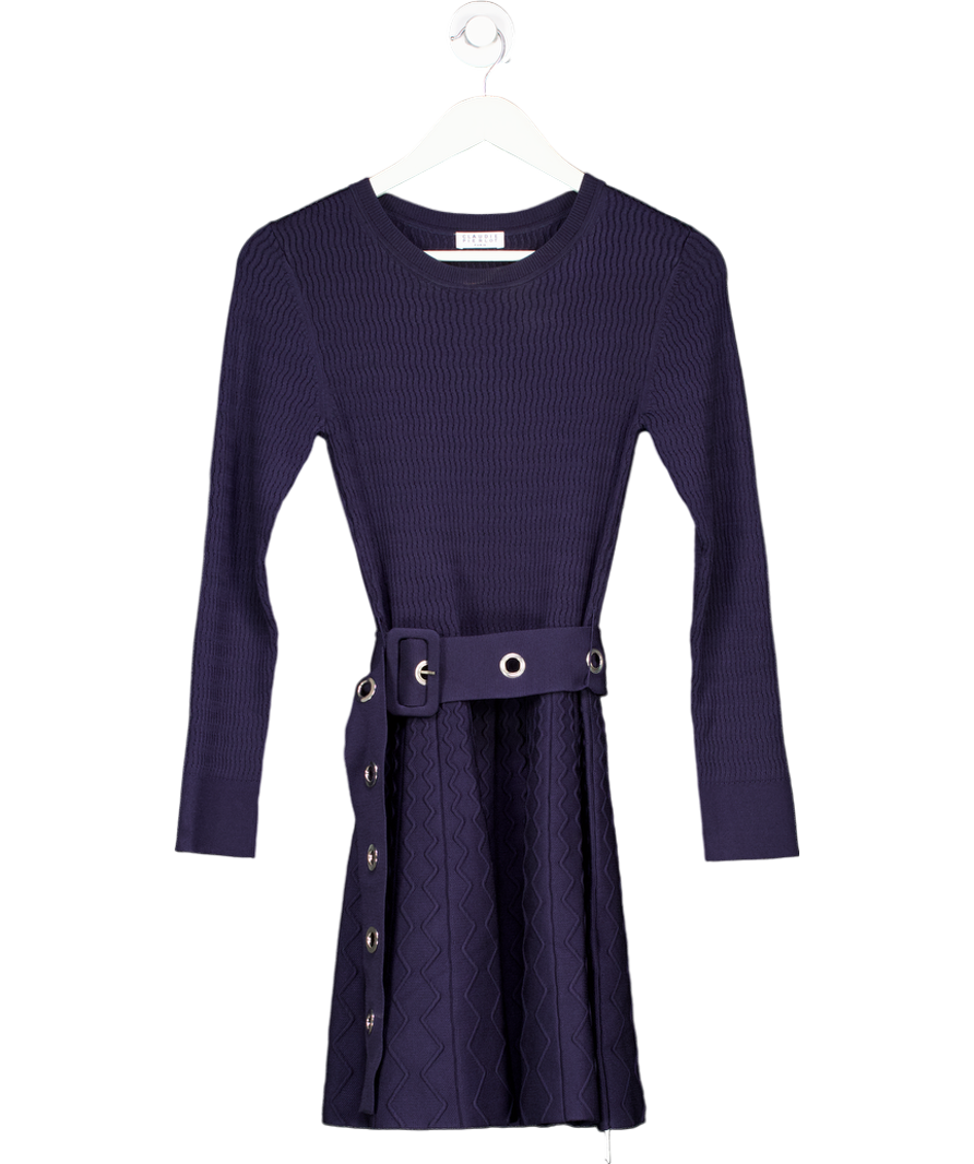 Claudie Pierlot Maud Navy Blue Textured Knit Belted Fit And Flare Dress T2  UK 10