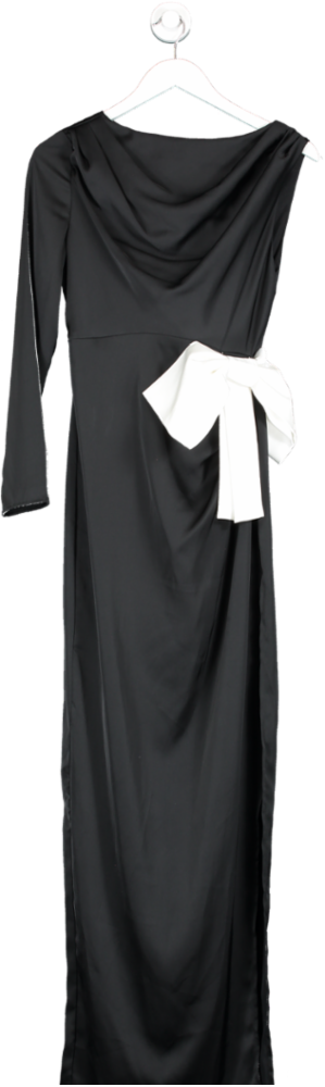 SHEIN Black Belle Classic High Slit Contrast Bow One Sleeve Dress UK 8
