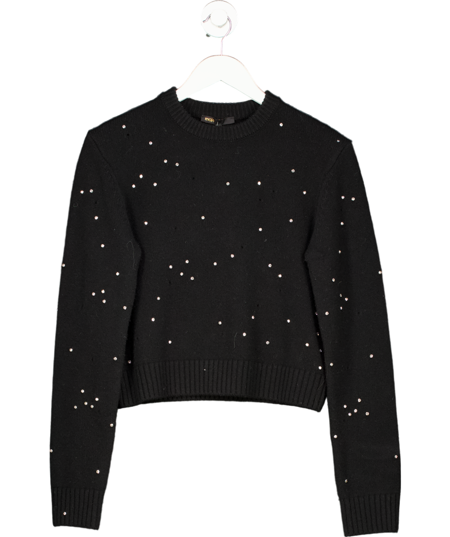 Maje Black Rhinestone Embellished Cropped Wool Jumper UK 8