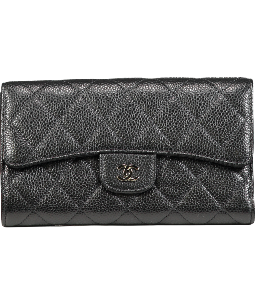 CHANEL Classic Long Flap Wallet in Black Caviar Leather with Silver Hardware
