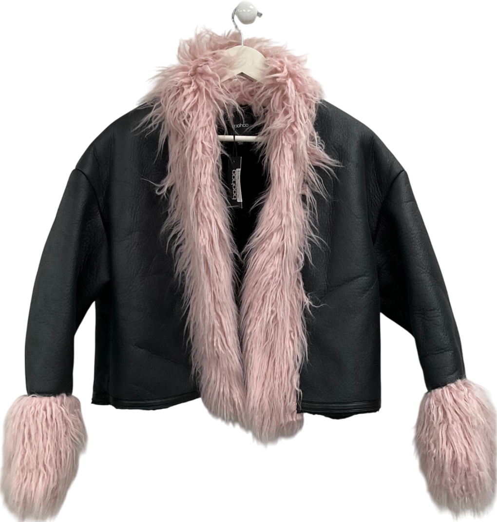boohoo Black Faux Fur Trim Leather Jacket UK 10