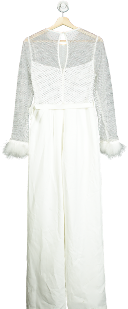 Lipsy White Feather Trim Jumpsuit UK 10