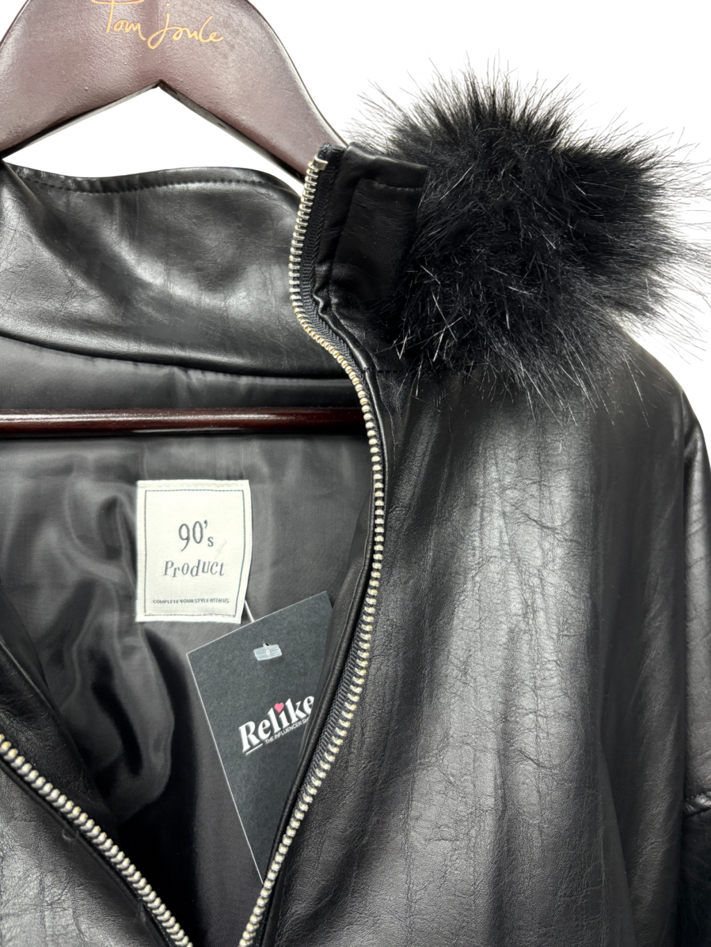 90's Product Black Faux Leather Bomber Jacket UK L