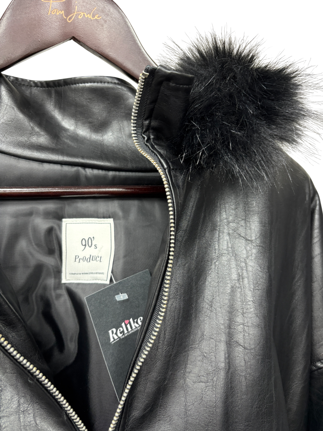 90's Product Black Faux Leather Bomber Jacket UK L