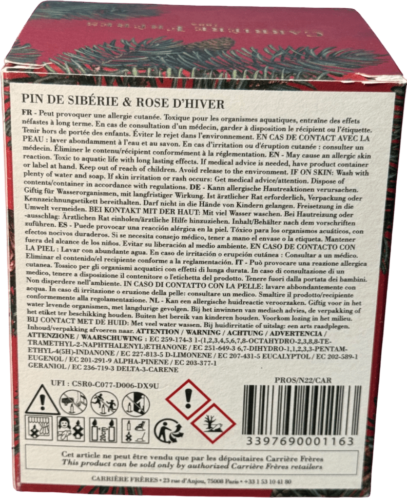 CARRIÈRE FRÈRES Bougie Pin De Sibérie Et Rose D'hiver Candle 185g