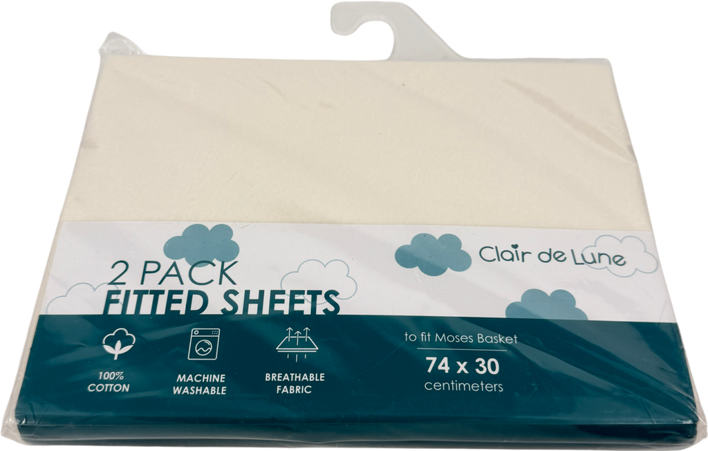 Clair de Lune Cream 2 Pack Universal Cotton Moses Basket Sheets - 74 X 30 Cm