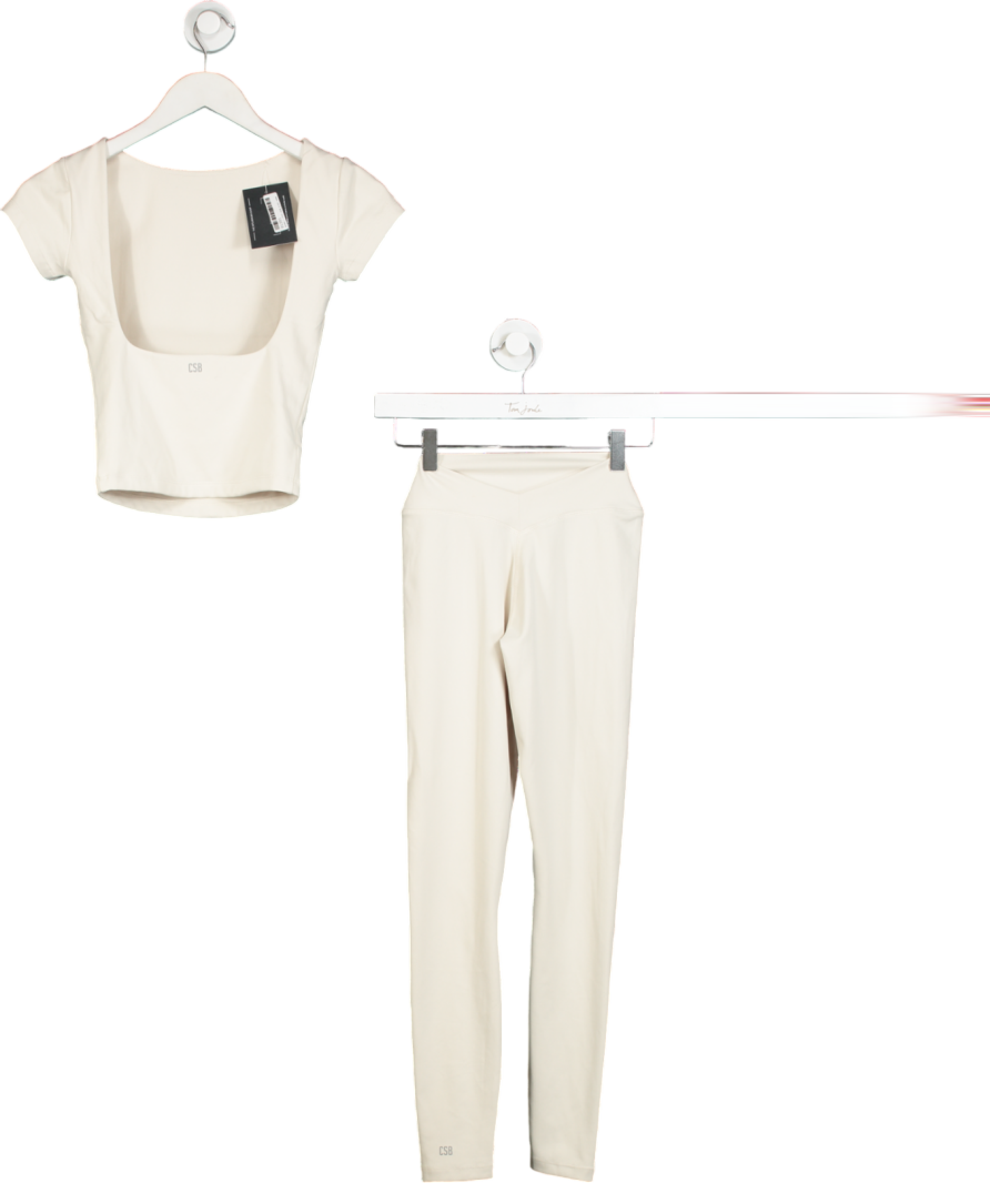 CSB Cream Form Fabric 2-piece Active Wear Open Back Top And Leggings Set UK S