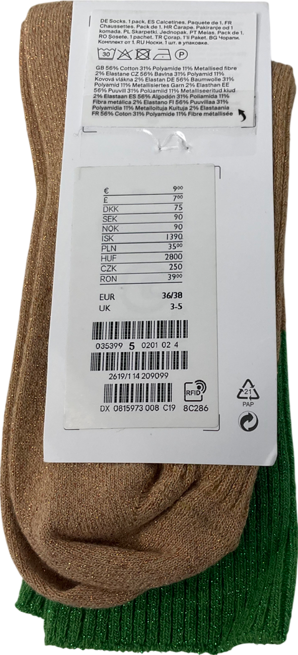 cos Metallic Pair Of Sock Green And Gold Glitter UK 3 EU 36 👠