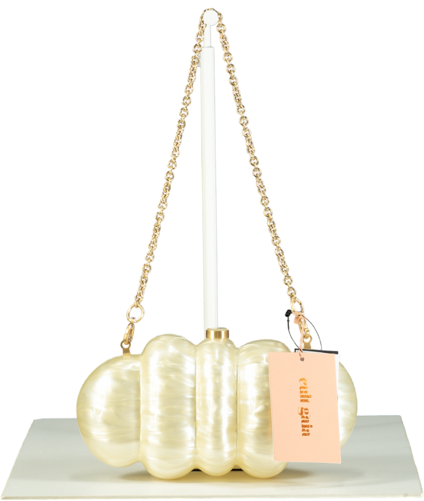 Cult Gaia Ivory Pearlescent Puffer Clutch Bag with chain strap