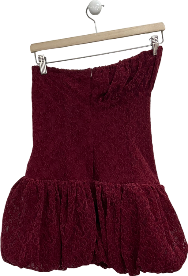PrettyLittleThing Cherry Red Lace Bandeau Ruched Mini Dress UK 8