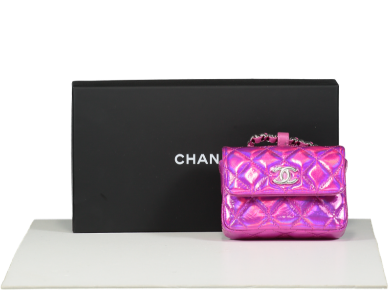 Chanel Iridescent Pink Patent Lambskin Quilted CC Hook Card Holder/Micro Bag