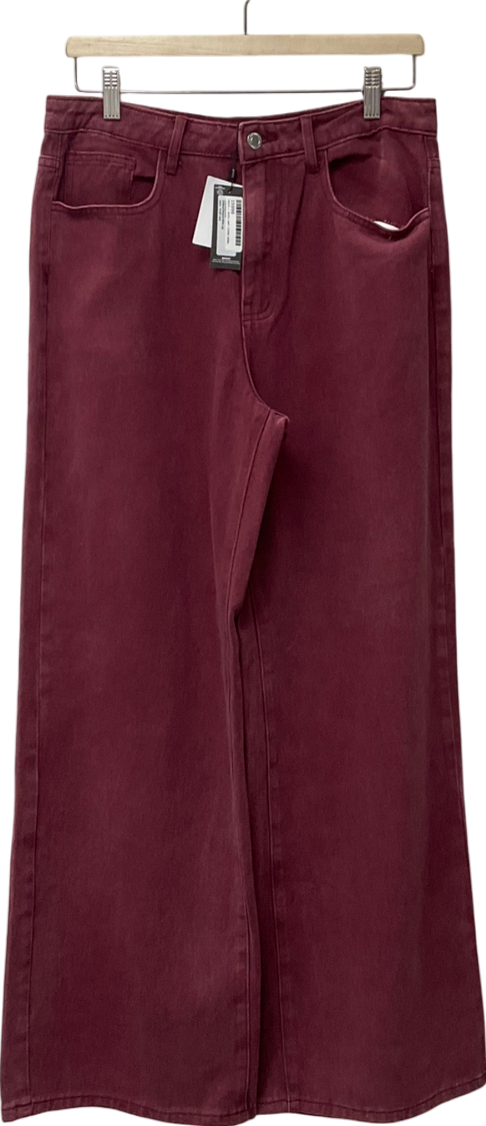PrettyLittleThing Red Oxblood Washed Wide Leg Jeans UK 10