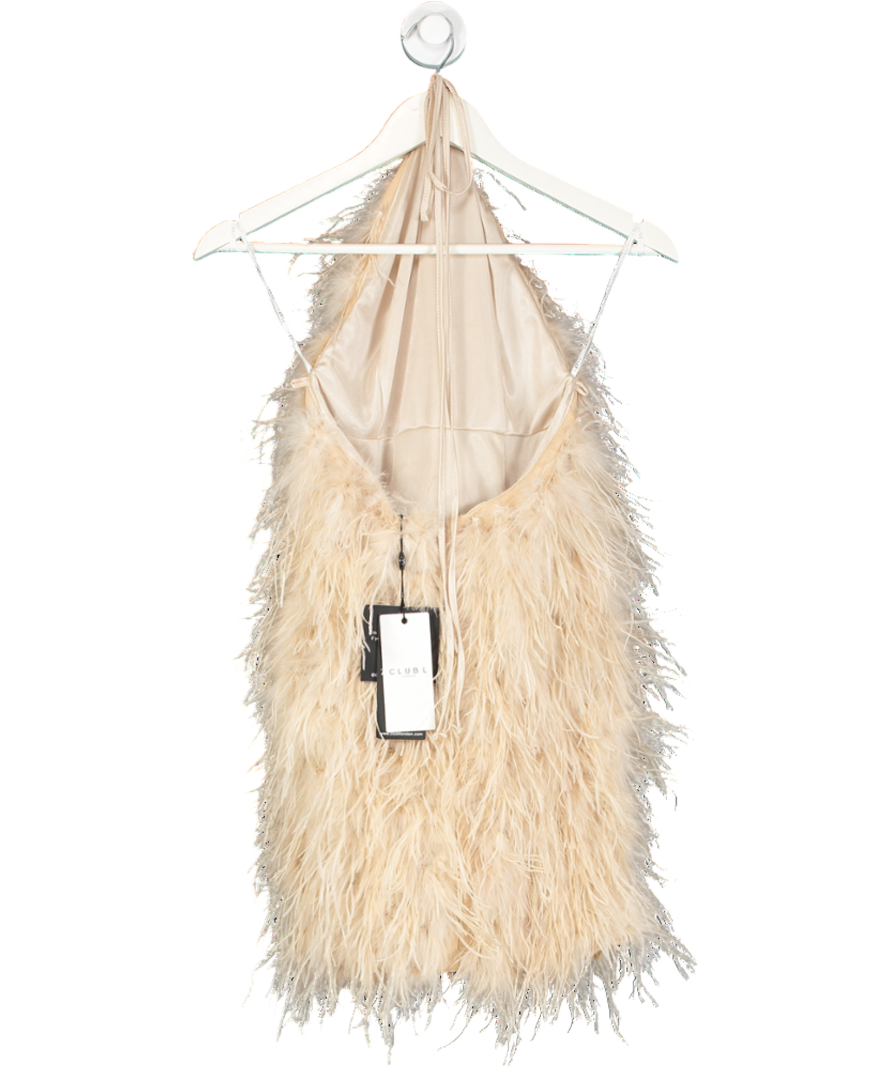 Club L Nude Power Up Feather Halter Neck Mini Dress UK 6