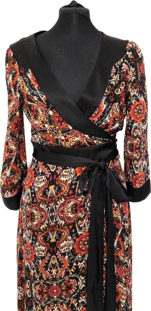 Diane von Furstenberg Black Iconic Printed Silk Wrap Dress Us10 UK 14