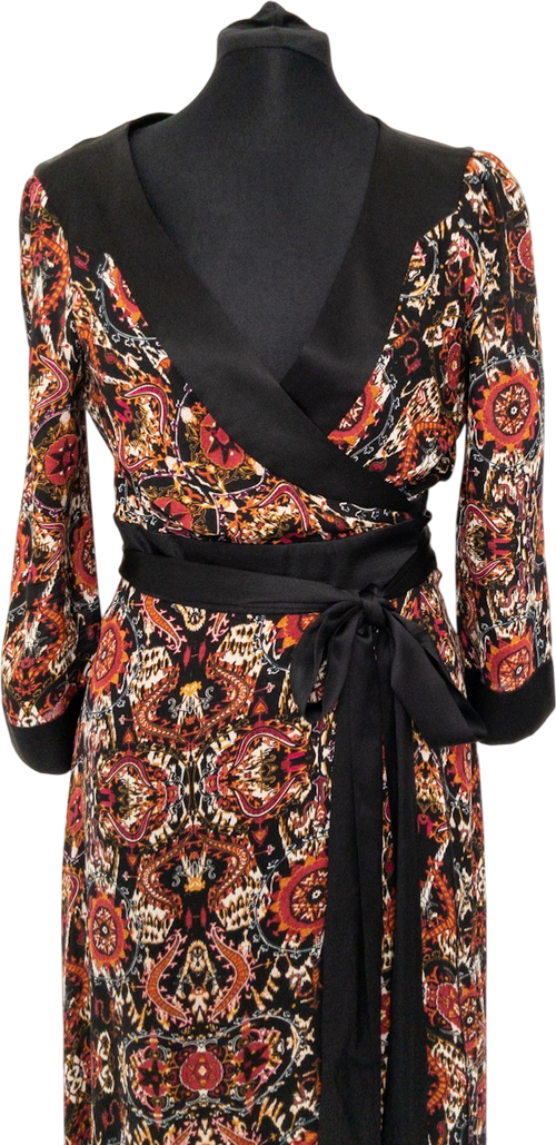 Diane von Furstenberg Black Iconic Printed Silk Wrap Dress Us10 UK 14