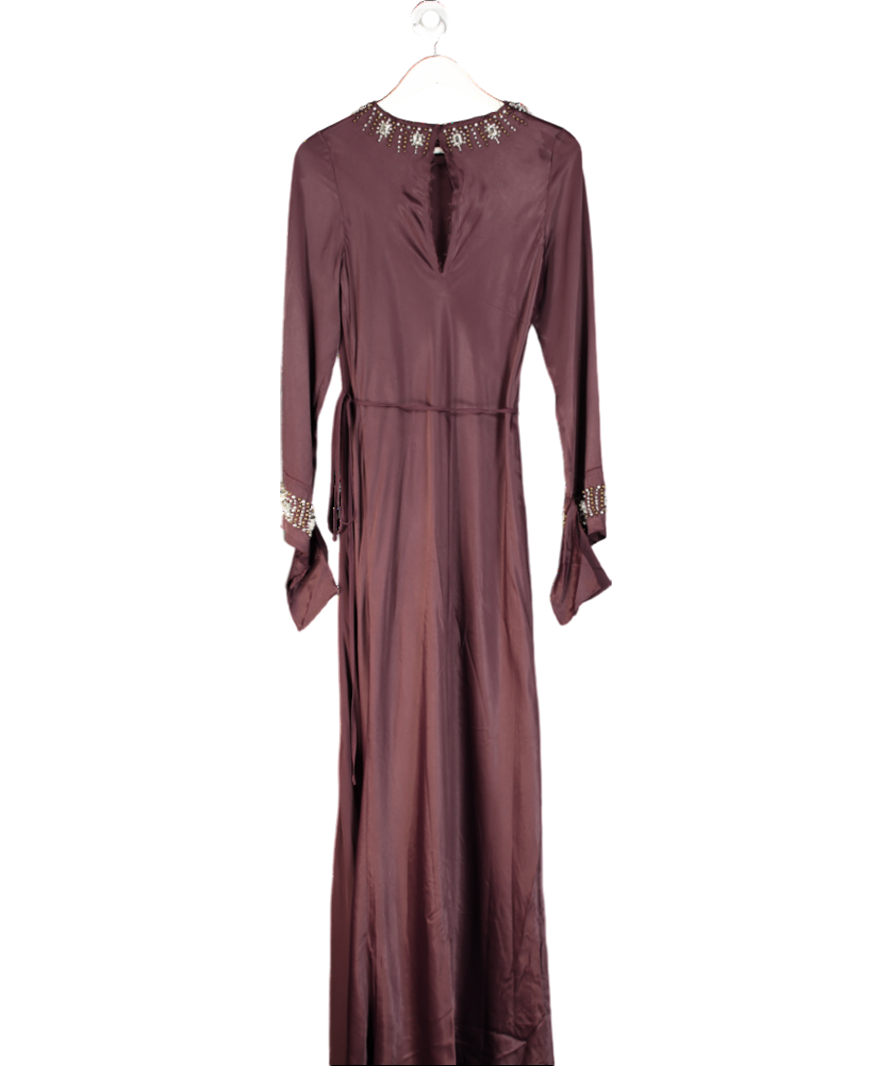 Karen Millen Brown The Founder Crystal Embellished Raw Edge Satin Wrap Maxi Dress UK 10