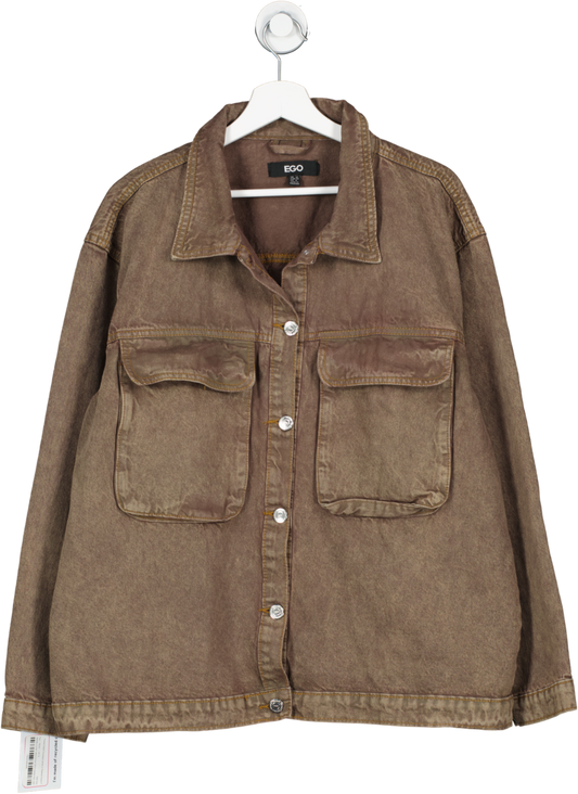 Ego Brown Pocket Detail Oversized Jacket In Washed Denim UK 10