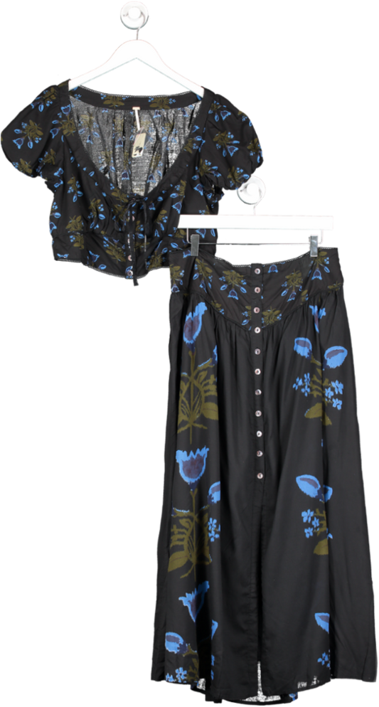Free People Black Button Down Floral Top & Skirt Set UK XL