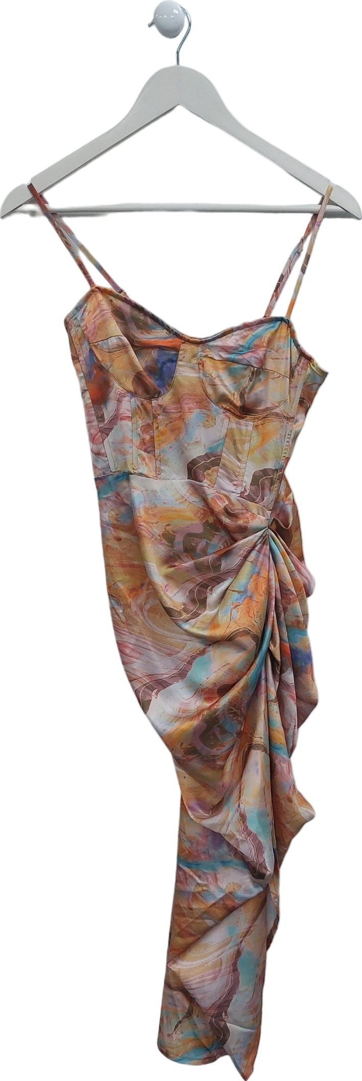 PrettyLittleThing Multicoloured Marble Print Ruched Skirt Corset Midi Dress UK 6