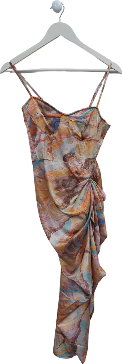 PrettyLittleThing Multicoloured Marble Print Ruched Skirt Corset Midi Dress UK 6