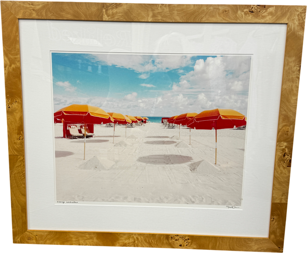 Natalie Obradovich 'Orange Umbrellas' Framed Photograph - Natural Burr Wood Frame