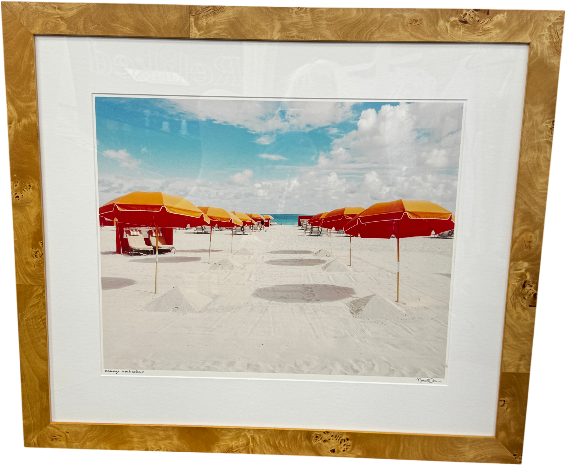 Natalie Obradovich 'Orange Umbrellas' Framed Photograph - Natural Burr Wood Frame