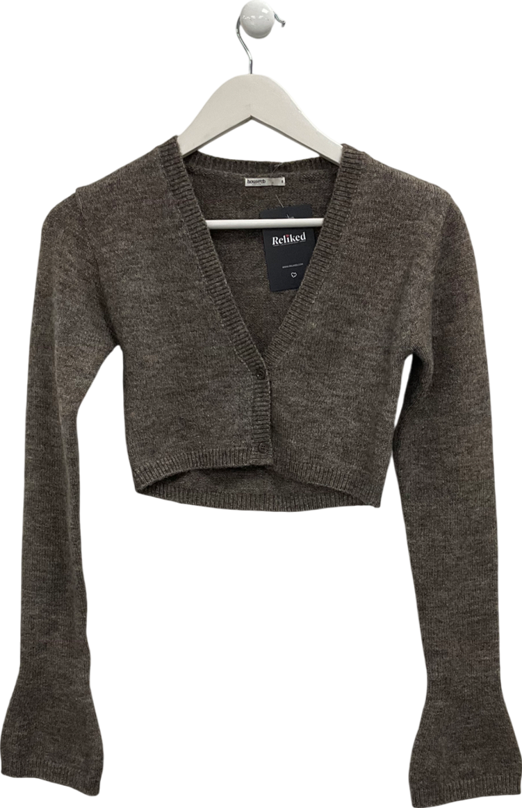House of CB Brown Andie Marl Stretch Cropped Knit Flare Sleeve Cardigan UK S