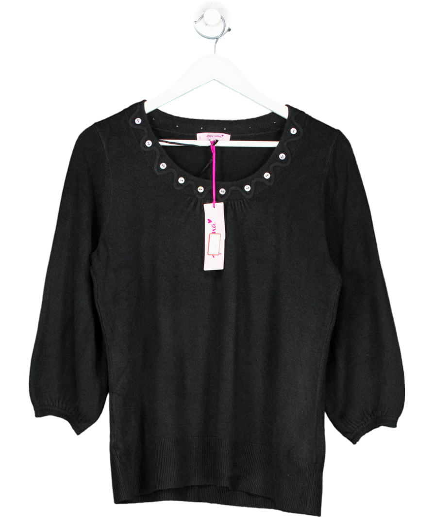M&S Black Round Neckline Top Adorned With Decorative, Light-colored Buttons UK 16