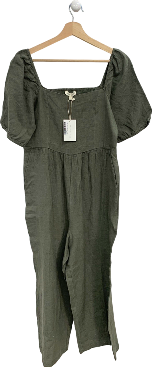 Beaufort & Blake Khaki Linen Puff Sleeve Jumpsuit UK 12