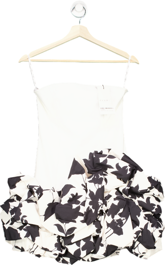 Club L London Cream Floral Print Strapless Ruffle Mini Dress UK 6