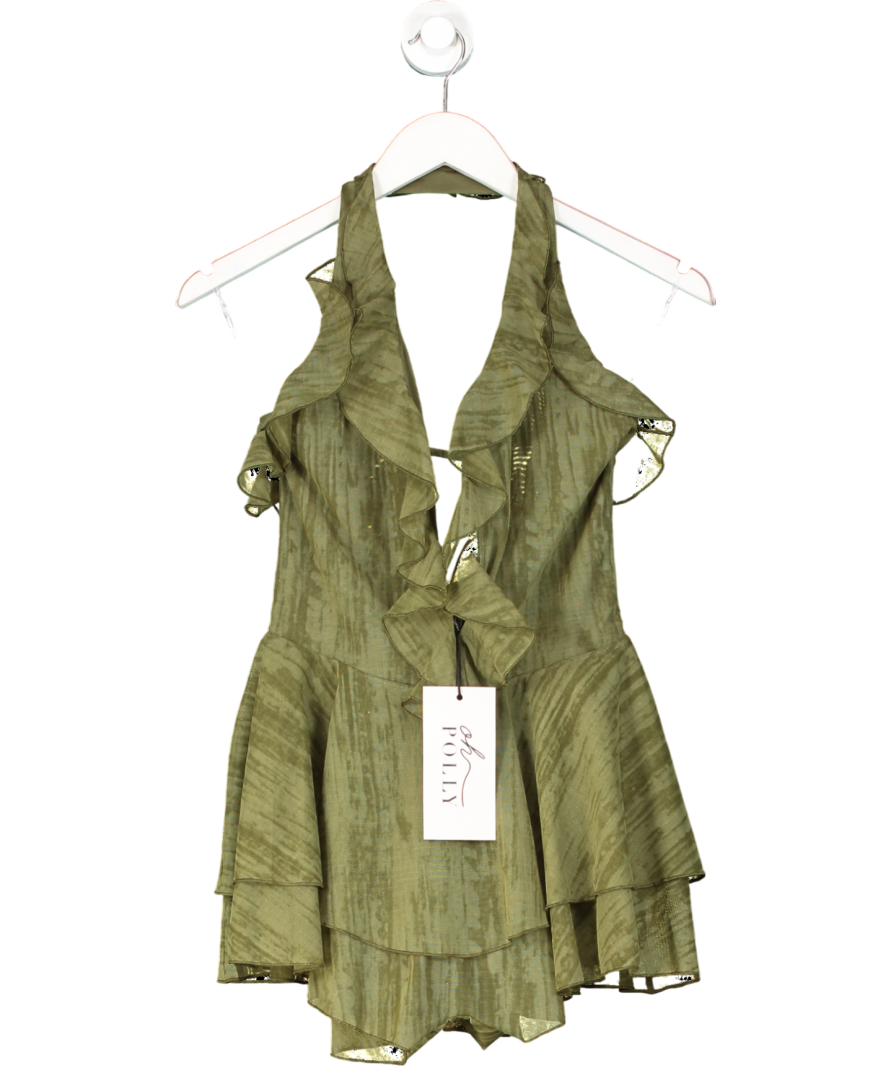 Oh Polly Morgaine Ruffled Plunge Halterneck Playsuit In Green Print UK S