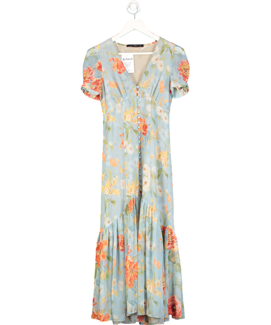 ZARA Blue Floral Print Button Down Dress UK XS