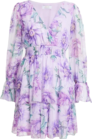 QUIZ Purple Lilac Chiffon Floral Tiered Long Sleeve Mini Dress UK 10