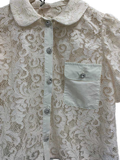 River Island White Lace Puff Sleeve Shirt UK 8