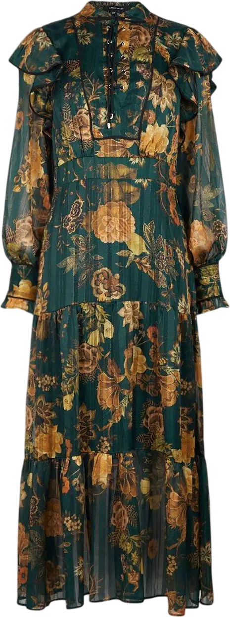 KAREN MILLEN Green Floral Woven Lace Up Midi Dress UK 12