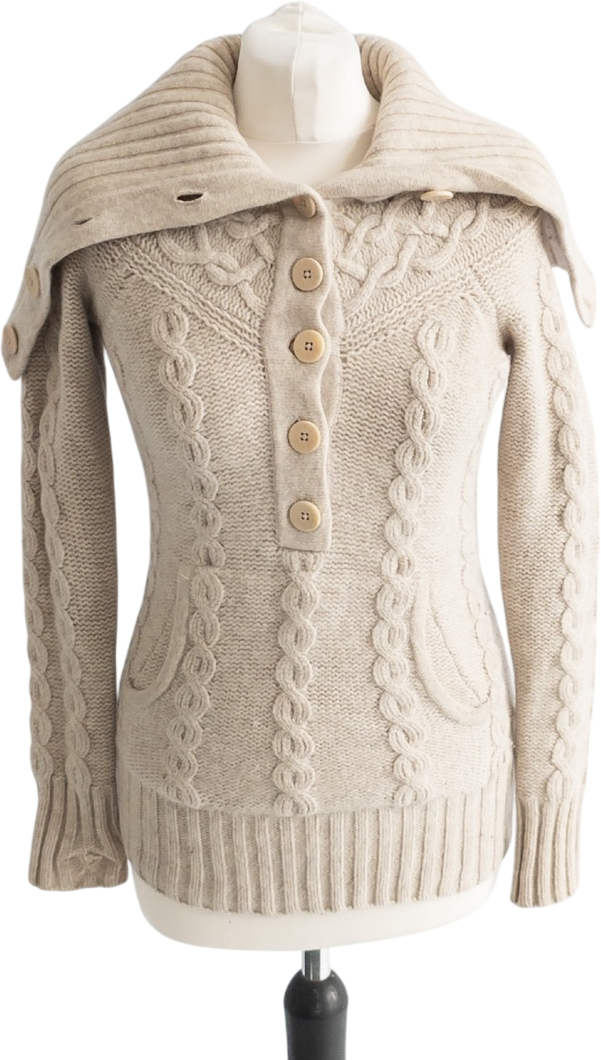 TED BAKER Beige Oversize Collar 100% Lambswool Cable Knit Jumper UK 8