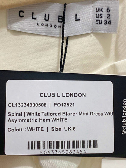 Club L London White Tailored Blazer Mini Dress with Asymmetric Hem UK 6