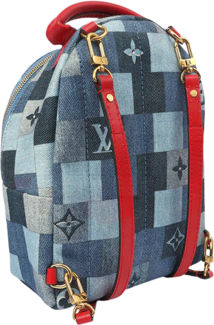 LOUIS VUITTON Denim Damier Monogram Patchwork Palm Springs Backpack Mini Blue Rouge - RARE