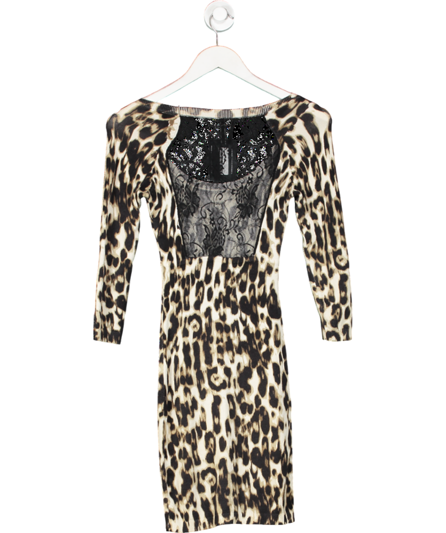 Guess Brown Leopard Print Mini Dress With Black Lace Detailing UK XS